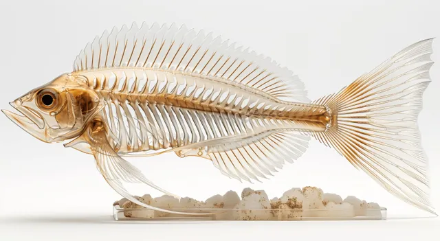 Photorealistic Gromo fish skeleton laid out on white studio background with ribcage detail