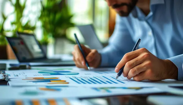 Project team member sketching task plan while dashboard charts glow on desk screen