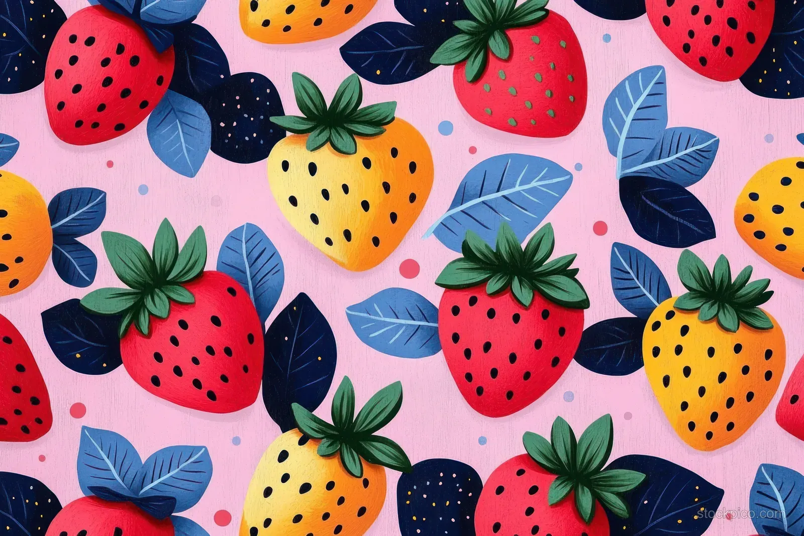 Seamless pattern of strawberries and botanical leaves with pastel pink background.