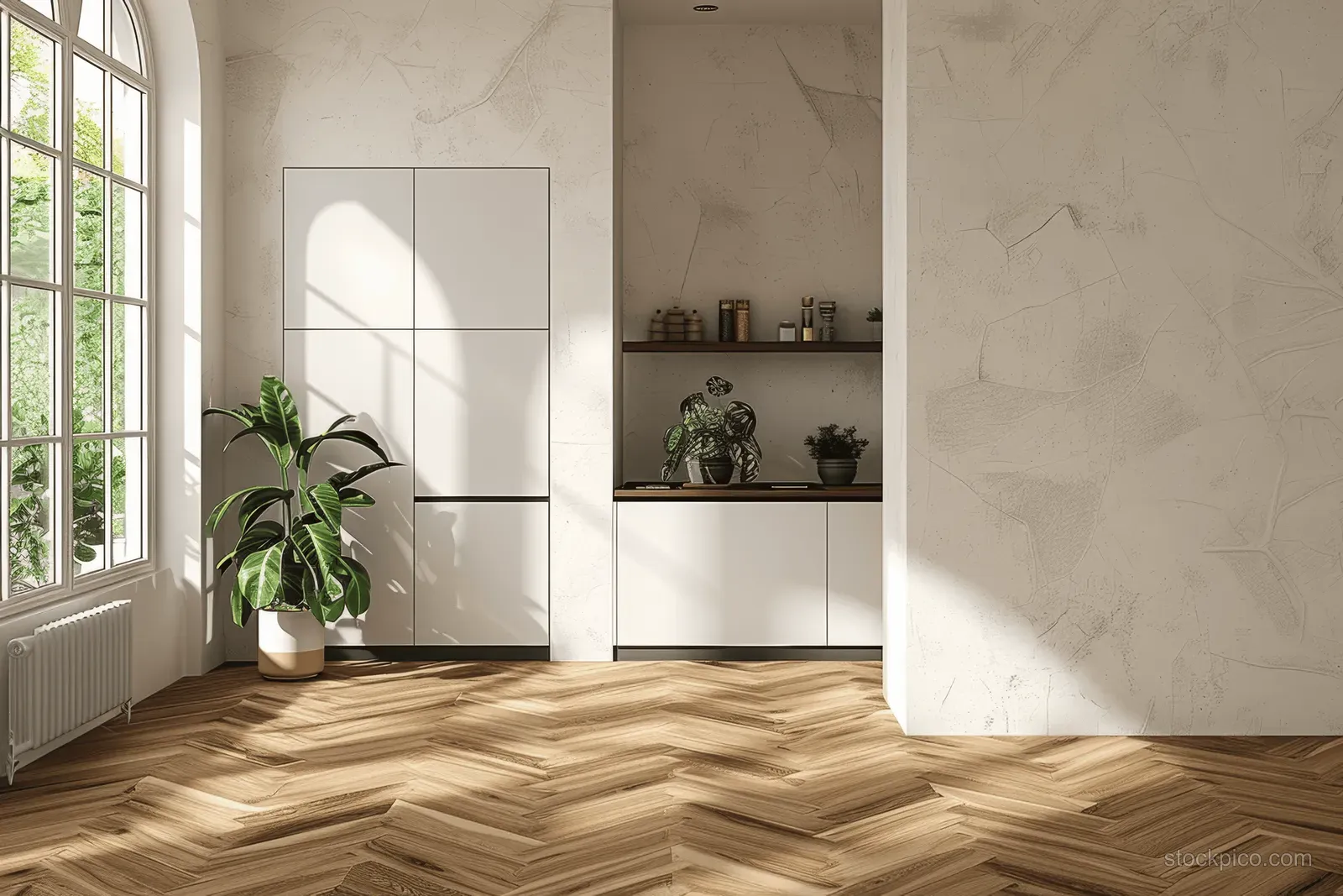 Sunlit minimalist room with herringbone wood flooring, arched window, and white built-in shelves and cabinetry.
