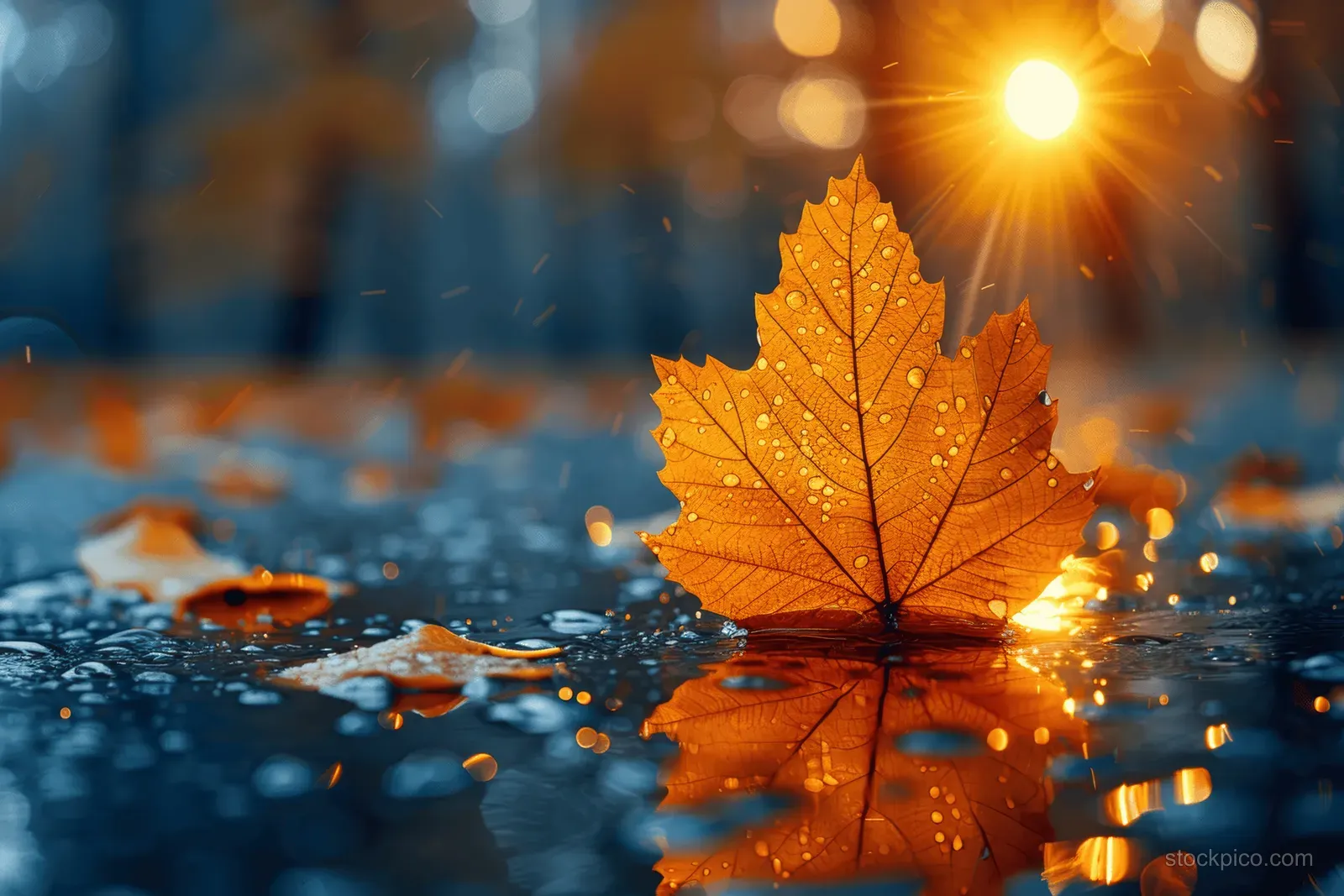 An orange autumn leaf stands on wet ground with sunrise backlight and water drops.