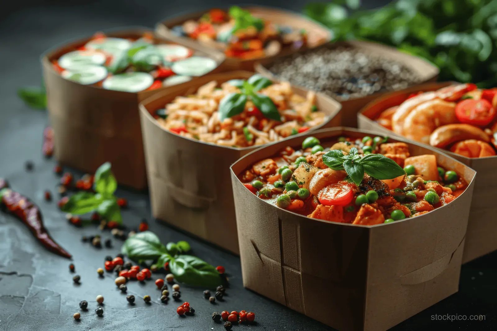 Assorted takeout meals in biodegradable cardboard boxes on a table with herbs and spices.