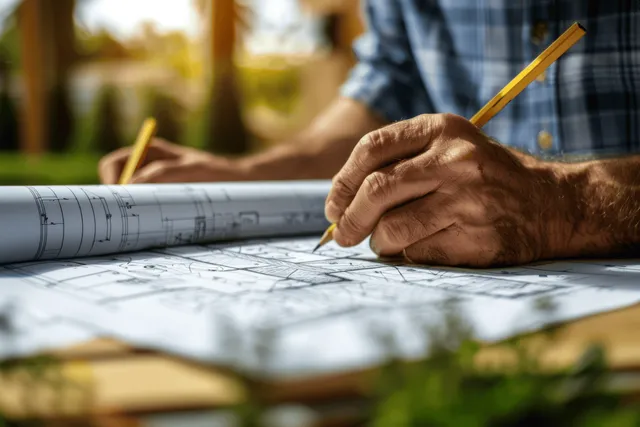 Hands draw blueprint linework with a pencil on a large architectural plan sheet outdoors.