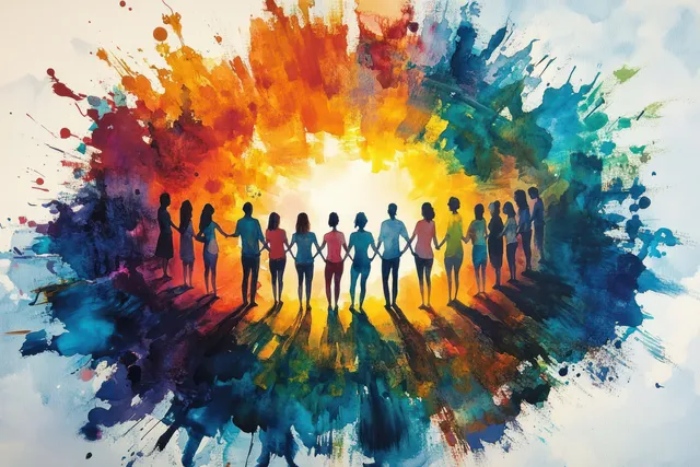 Silhouettes of diverse people holding hands in a circle against colorful paint splashes.