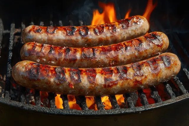 Sausages are sizzling on a charcoal grill grate with flames and glowing embers behind them.