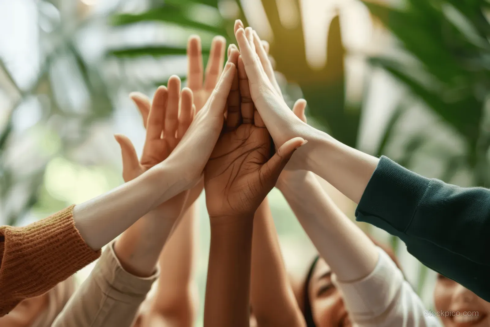 Diverse coworkers raise hands for a high-five in a sunlit office during a teamwork celebration.