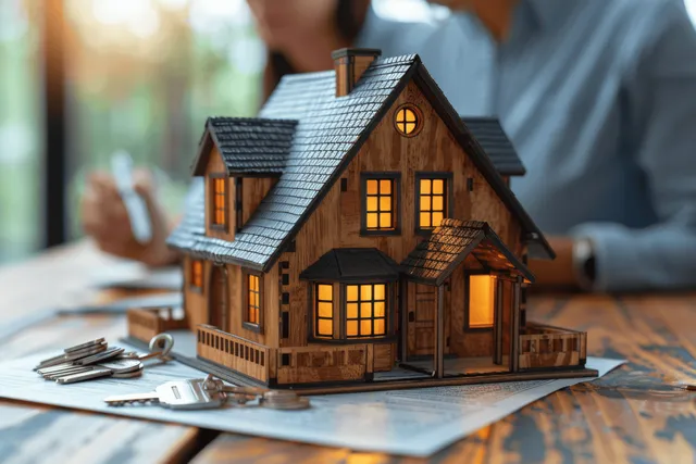 Real estate agent signing home loan contract beside glowing house model and keys