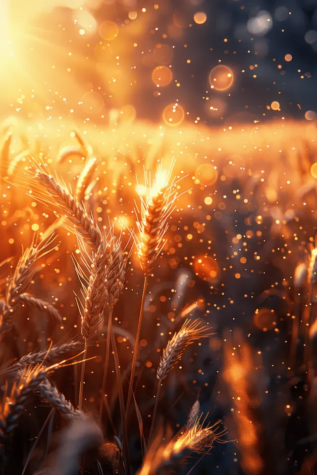 Golden wheat field at sunset with active harvester cutting ripe grain