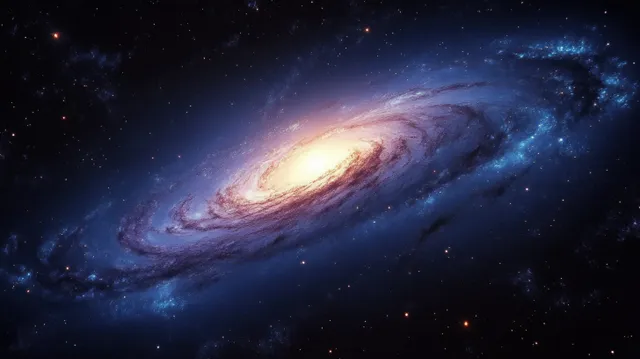 Spiral galaxy with glowing blue nebula dust and warm core starlight in deep space