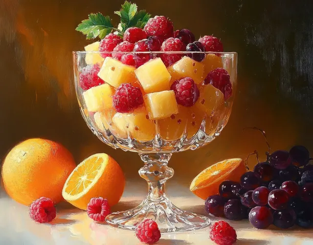 Crystal dessert glass of diced melon and raspberries with orange segments and dark grapes on a reflective table.
