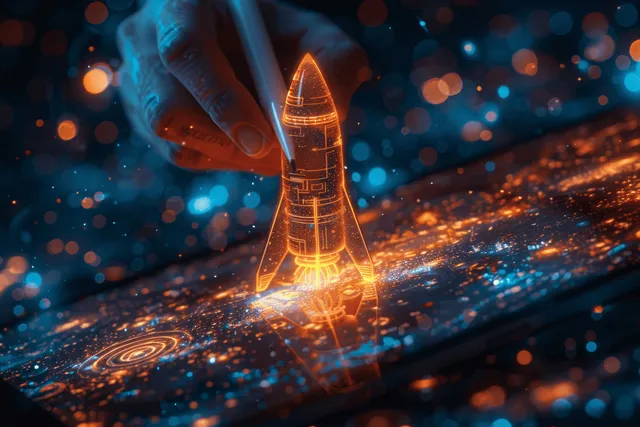 Futuristic rocket drawing glowing on a tablet screen above digital city network lines
