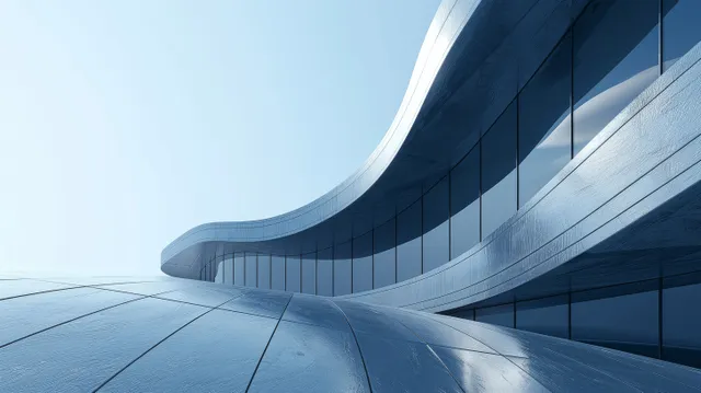 Curved concrete building exterior with glossy pavement and blue sky at a low-angle perspective.