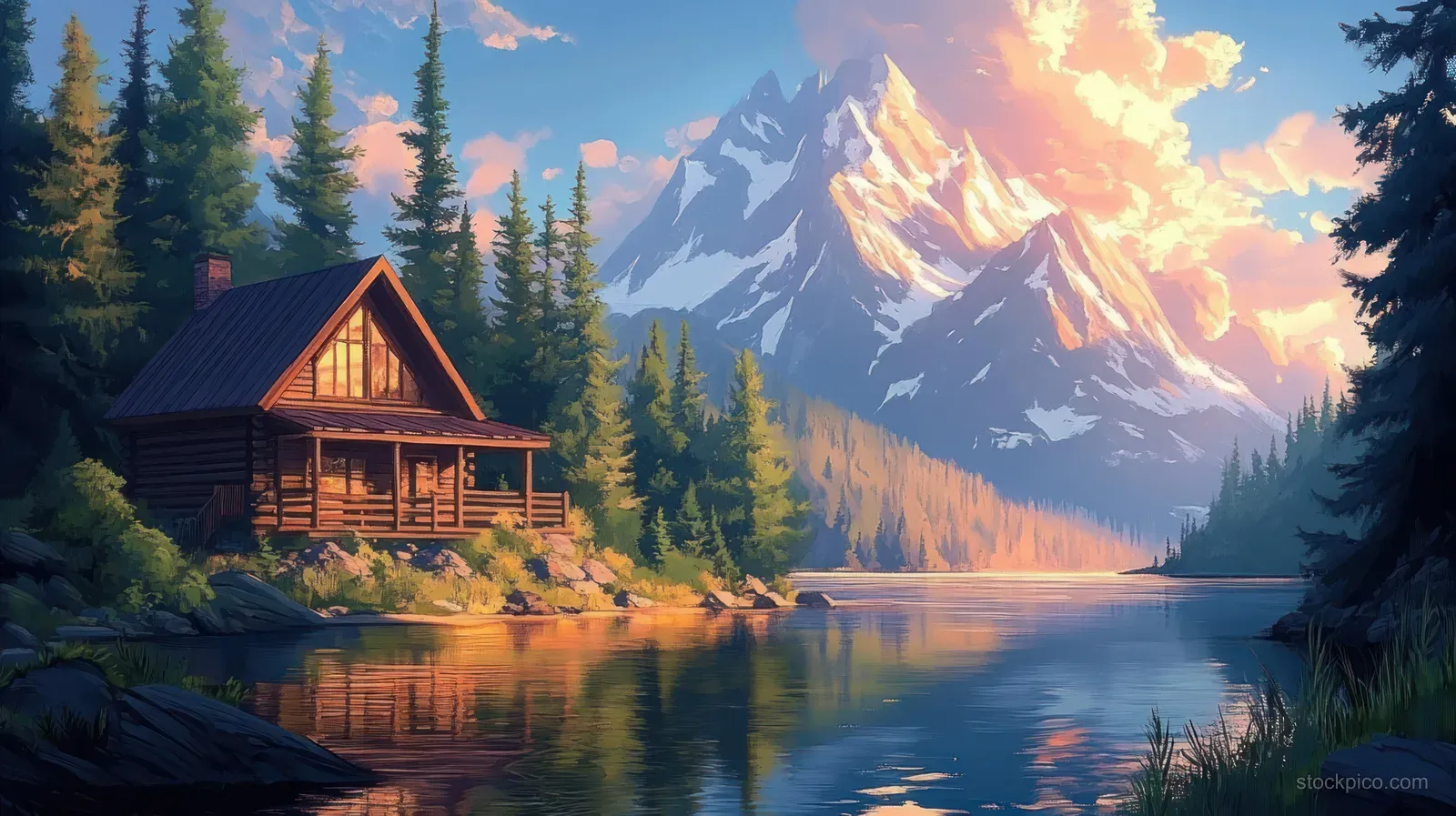 A wooden cabin sits by a tranquil lake as colorful sunset glow reflects on the water and mountains rise in the distance.