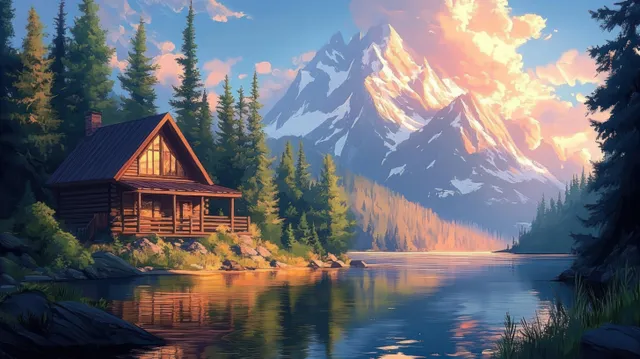 A wooden cabin sits by a tranquil lake as colorful sunset glow reflects on the water and mountains rise in the distance.