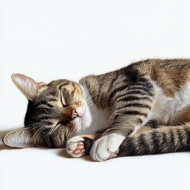 Sleeping tabby cat curled on white surface with striped fur and relaxed closed eyes