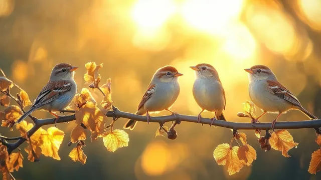 Five small birds perch on spring branches while golden sunlight filters through yellow blossoms.