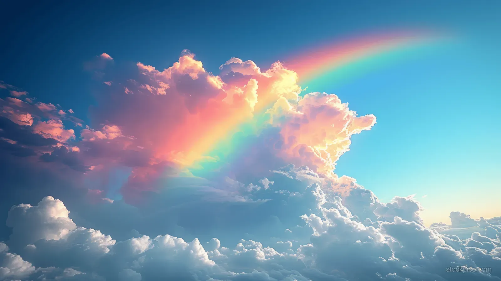 A rainbow arcs through glowing clouds in a bright blue sky, emphasizing hope and happiness.