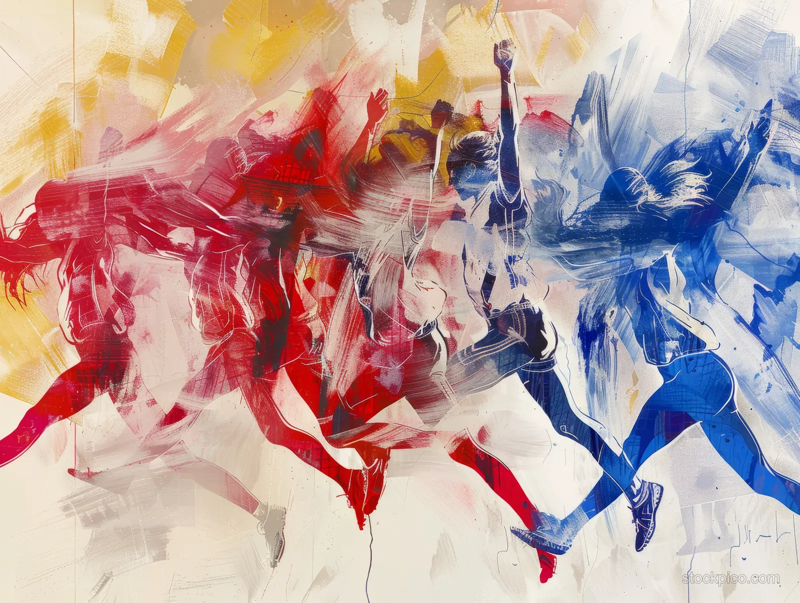 Abstract silhouettes of women’s modern pentathlon team running across blue and red paint swipes on a white backdrop.