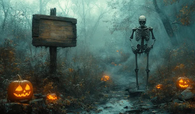 Skeleton holding a wooden sign in foggy Halloween woods, lanterns glowing around pumpkins