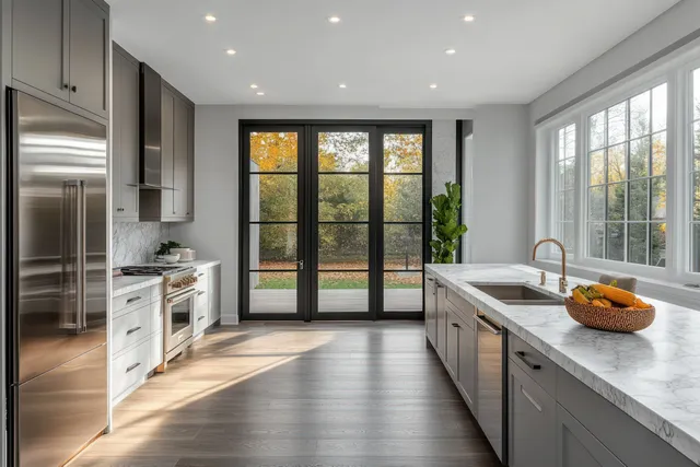 Gray Scandinavian kitchen with stainless refrigerator and counters, lit by sunlight through large windows and glass doors.