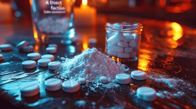Pills and white powder on a dark table with red police lights