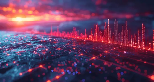 Futuristic stock market graph rising over glowing digital financial city skyline