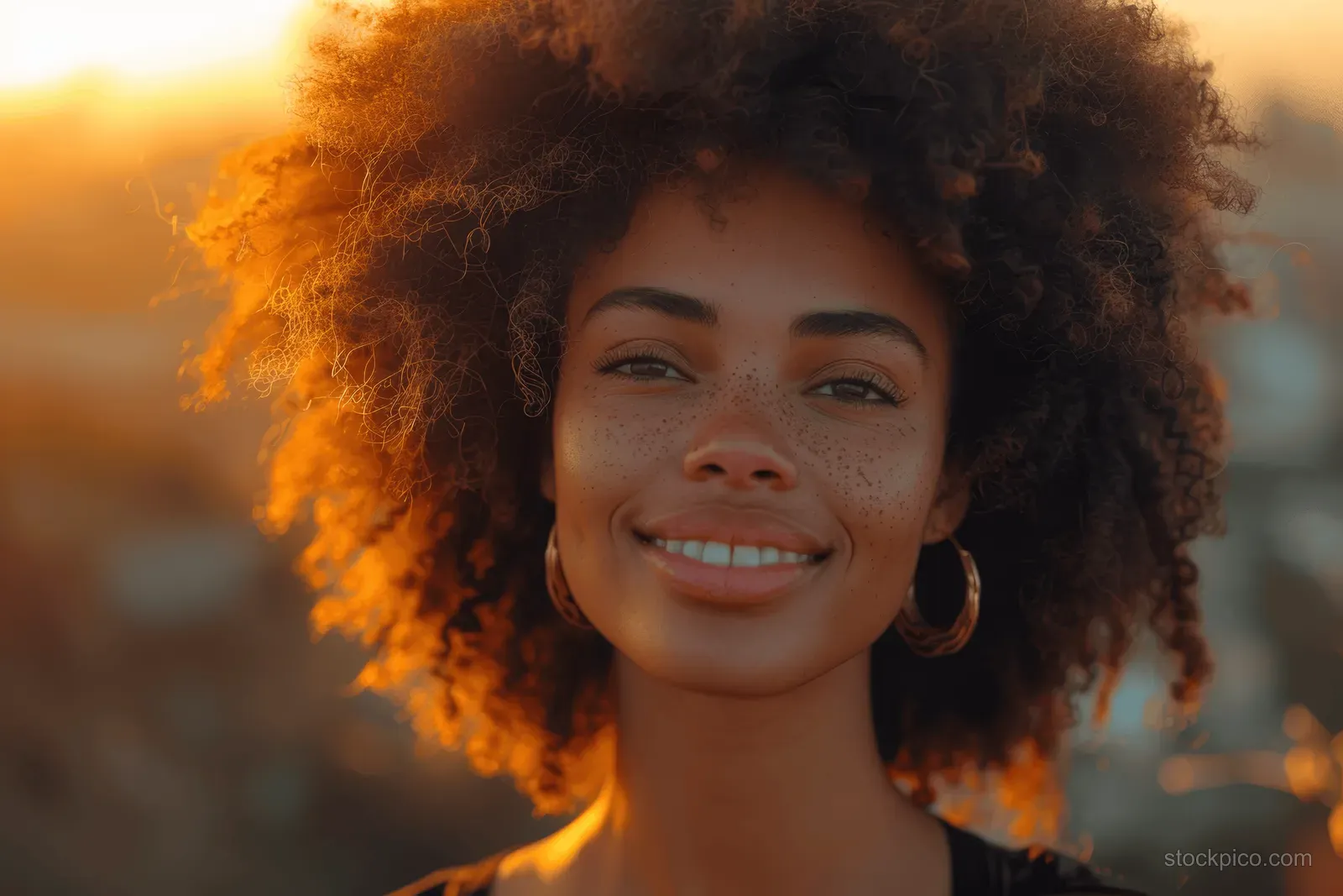 Close-up of a freckled woman with curly hair smiling in golden sunset sunlight outdoors.