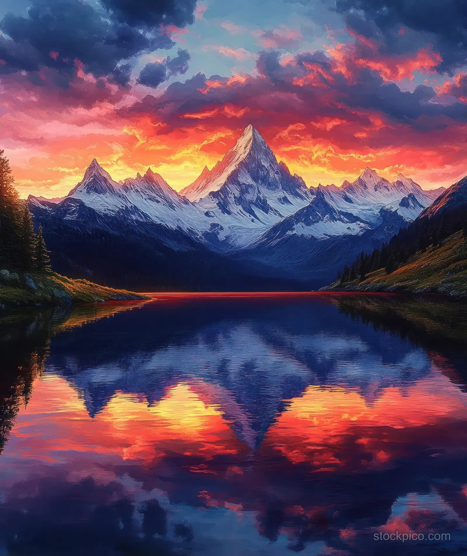 Snowy mountain peaks are mirrored in a still lake beneath a fiery sunset sky with vivid clouds.