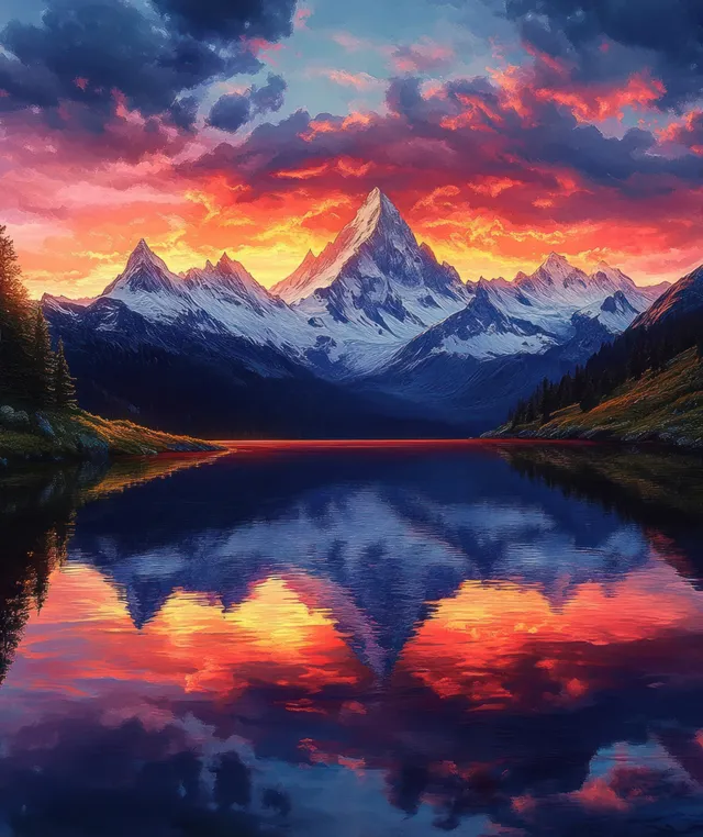 Snowy mountain peaks are mirrored in a still lake beneath a fiery sunset sky with vivid clouds.
