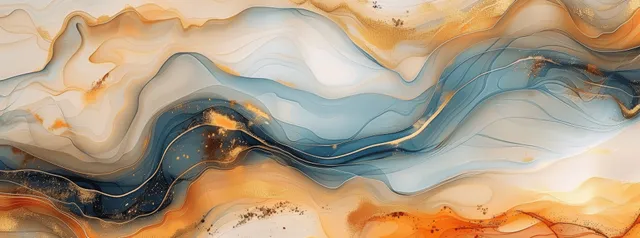 Marble-like fluid waves with golden lines in soft pastels and dark orange accents