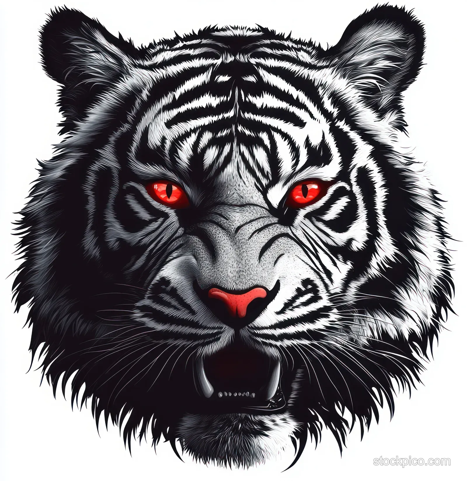 White tiger face illustration with intense red eyes, snarling mouth, and visible sharp fangs.