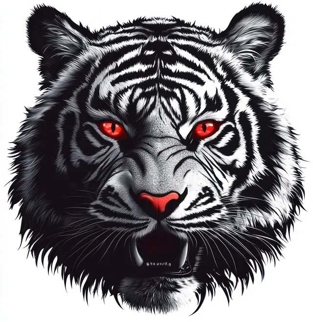 White tiger face illustration with intense red eyes, snarling mouth, and visible sharp fangs.