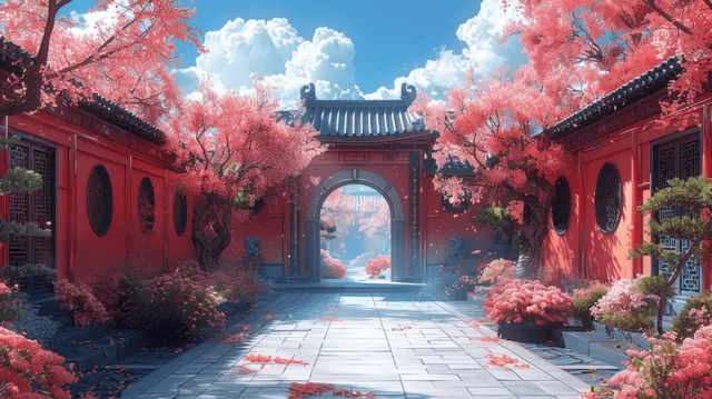 Cherry blossom trees frame a tiled courtyard with red walls and an arched gate under a blue sky.