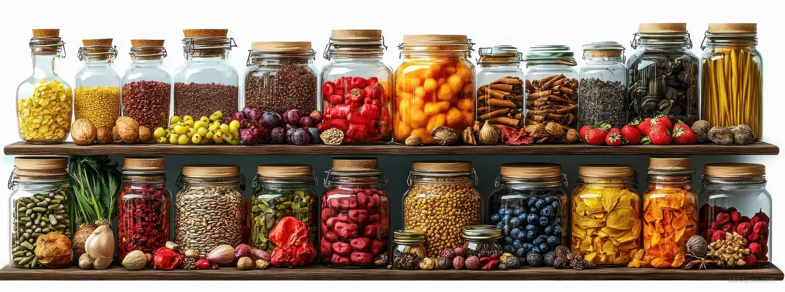 Glass jars on two wooden kitchen shelves hold dried fruits, nuts, seeds, spices, pasta, and berries.