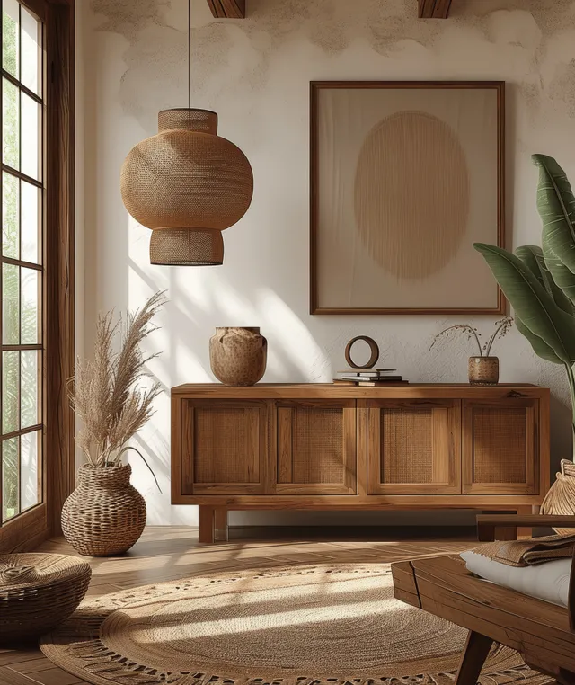 Bohemian wooden sideboard under a blank framed poster mockup with pampas grass and woven decor in a sunlit room.