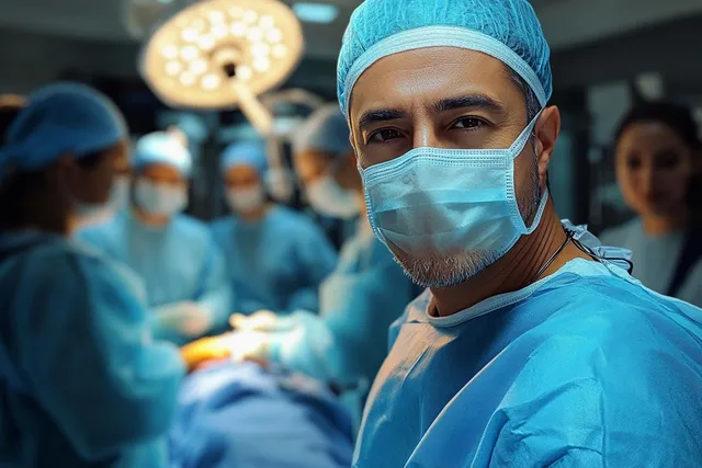 Confident surgeon in mask and cap in operating room, surgical lights glowing behind team