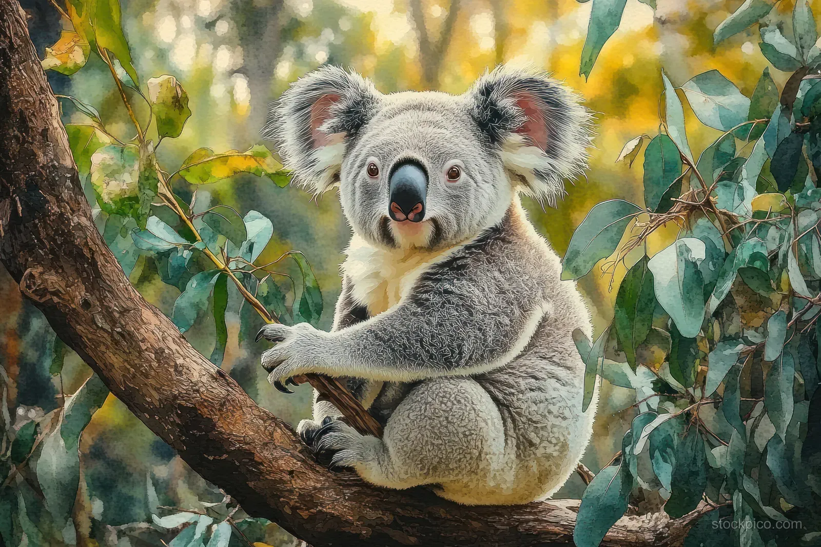 Koala perched on a eucalyptus branch among green leaves in a sunlit Australian forest.