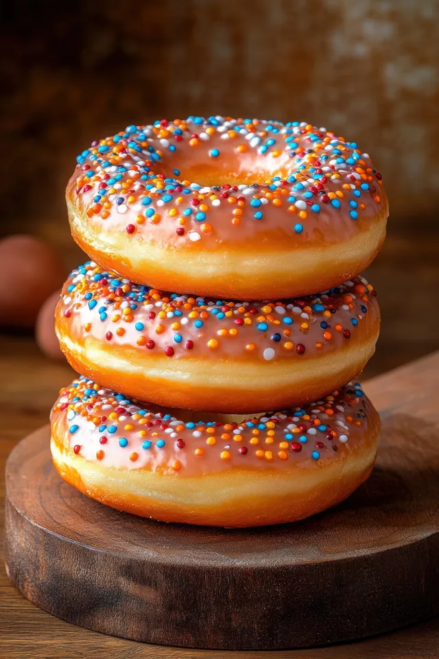 Stack of three glazed donuts on a wooden board with colorful sprinkles