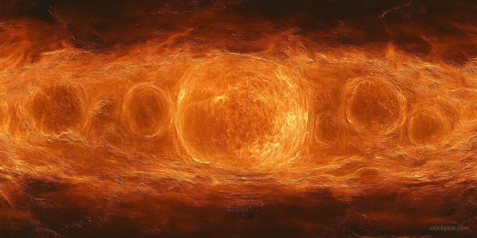 An abstract orange planetary scene with swirling fiery textures and dark shadowed edges.