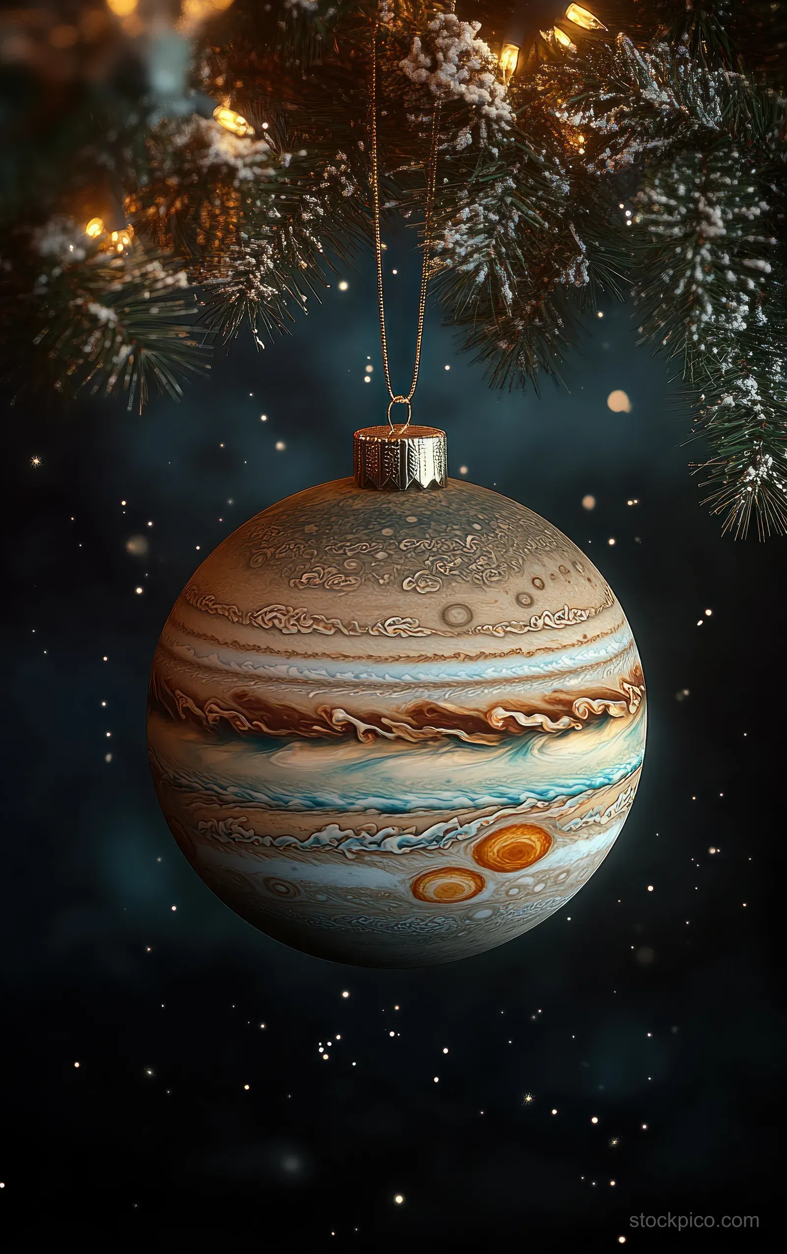 A Jupiter-themed Christmas ornament floats in deep space with snowy specks and glowing sparks around it.