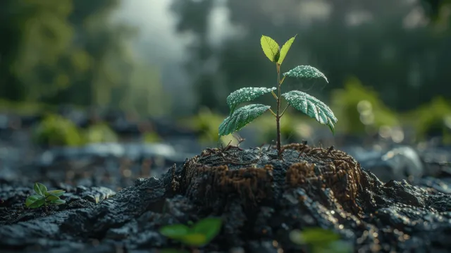 A green sapling emerges from a weathered oak stump in a misty forest, symbolizing rebirth and natural growth.
