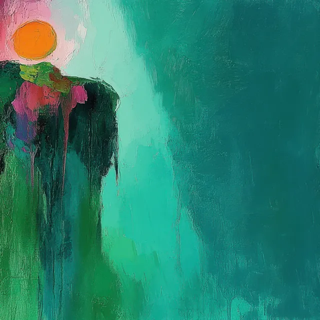 Textured abstract landscape painting with a green cliff, turquoise haze, and an orange sun with pink accents.