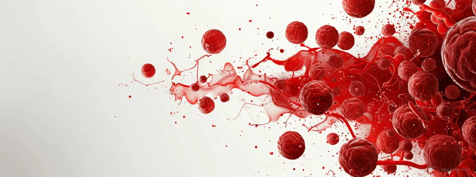 Red blood cells float across a white background with red and brown splashes and clear copy space.