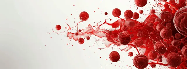 Red blood cells flowing on white background with red splashes and brown specks