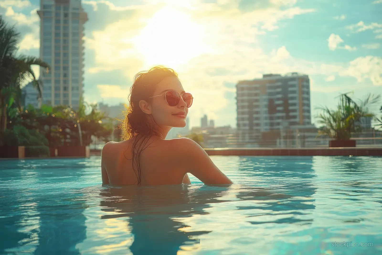 A smiling woman in sunglasses relaxes in a rooftop pool with a city skyline and warm golden-hour sunlight behind her.