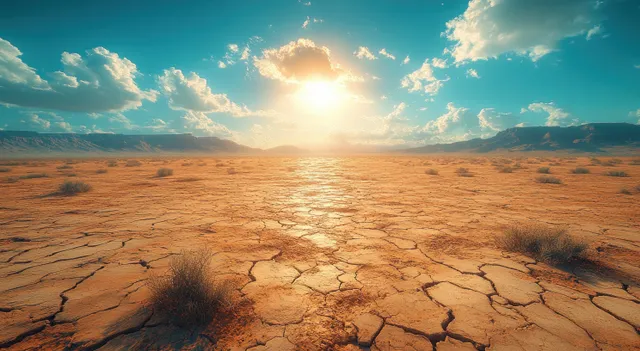Cracked dry riverbed stretching across drought landscape under blazing sun