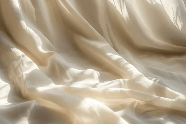 Light beige fabric fills the frame, its folds highlighted by warm natural sunlight and soft shadows.