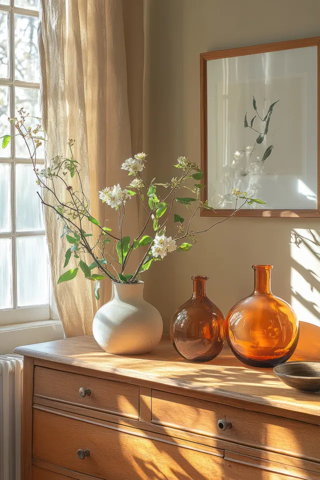 Wooden sideboard in a sunlit Scandinavian room with a white vase, amber bottles, and window-cast shadows.
