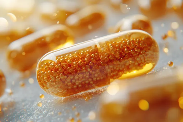 Yellow vitamin capsule with granular contents resting on a reflective surface with other capsules blurred behind.