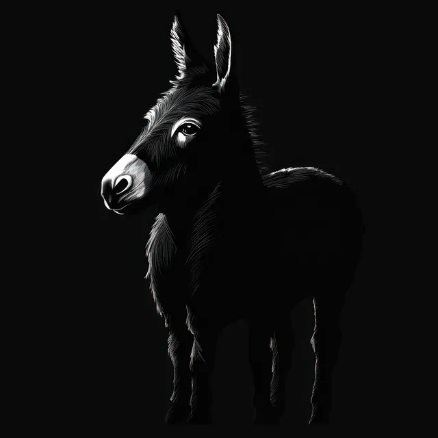 A monochrome donkey stands in profile with a softly highlighted face and detailed fur on a dark background.